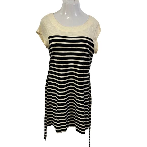Merona Dress Womens Medium Stripe Belted Coastal Preppy Nautical Black Cream - Picture 5 of 15
